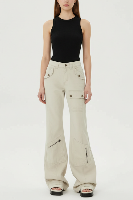 Pantalon Cargo Beige Évasé Poches Zippées - Toile