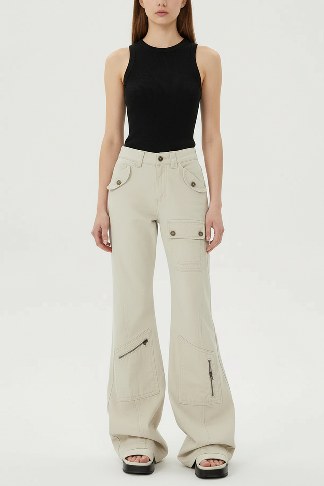 Pantalon Cargo Beige Évasé Poches Zippées - Toile