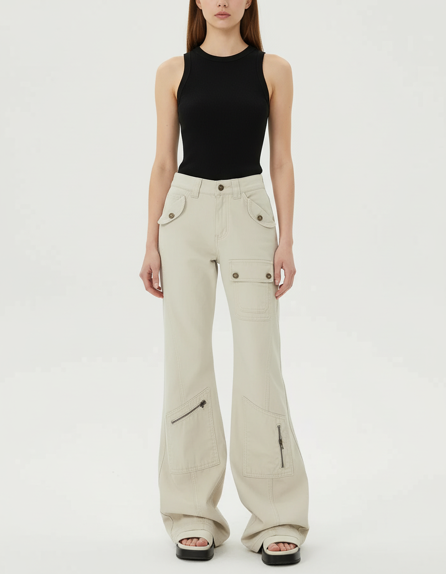 Pantalon Cargo Beige Évasé Poches Zippées - Toile