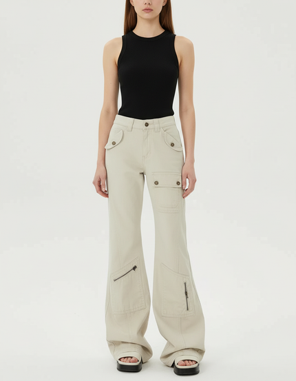 Pantalon Cargo Beige Évasé Poches Zippées - Toile