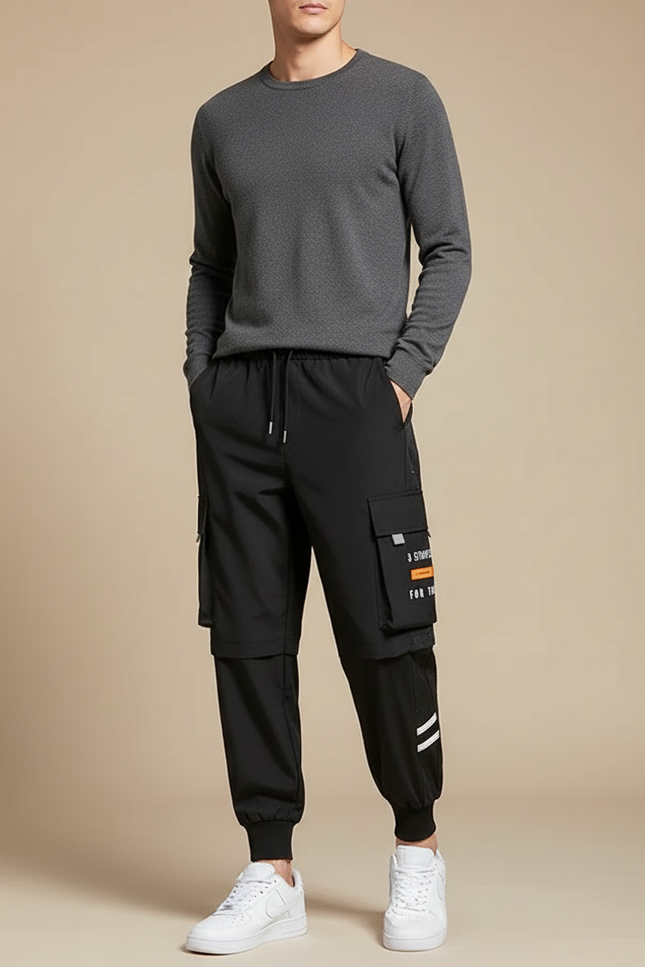 Pantalon Cargo Noir Homme Multipoches Sportif Léger - Polyester
