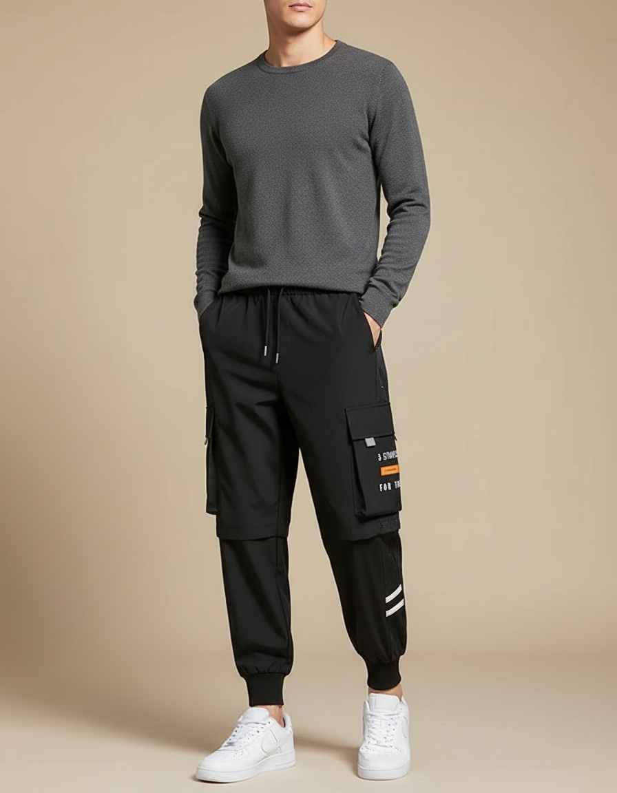 Pantalon Cargo Noir Homme Multipoches Sportif Léger - Polyester