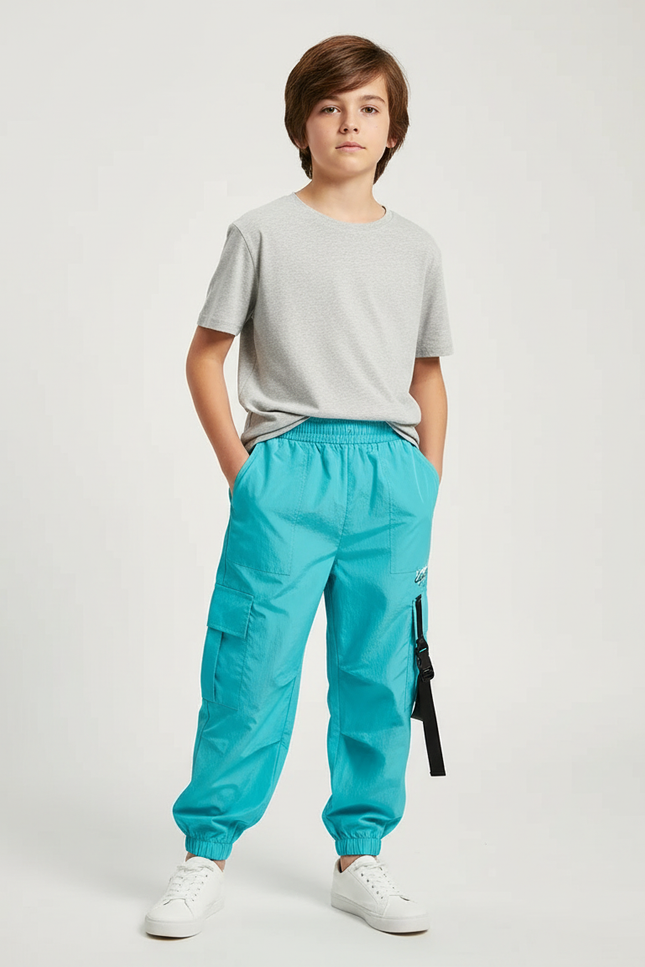 Pantalon Cargo Turquoise Ample Poches Sangles Enfant - Bleu Polyester