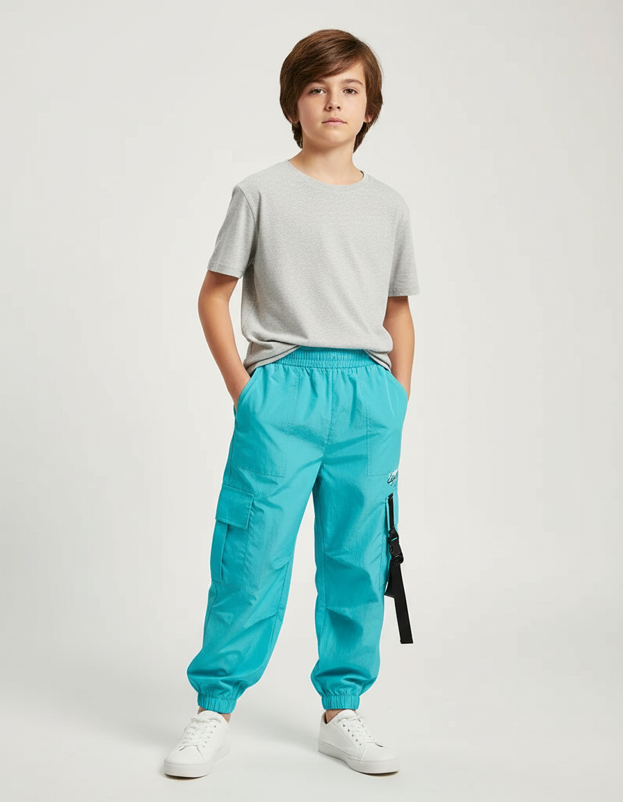 Pantalon Cargo Turquoise Ample Poches Sangles Enfant - Bleu Polyester