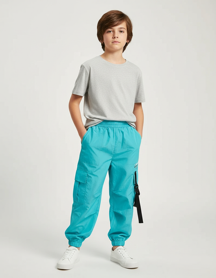 Pantalon Cargo Turquoise Ample Poches Sangles Enfant - Bleu Polyester