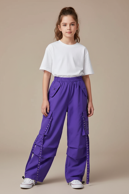 Pantalon Cargo Violet Ample Fille Ceintures - Polyester