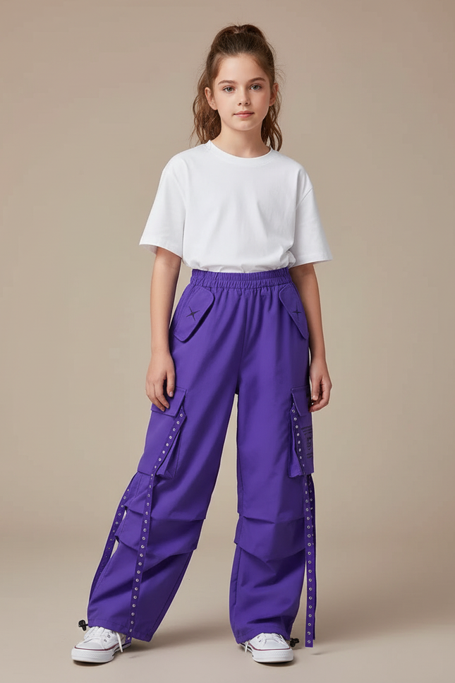 Pantalon Cargo Violet Ample Fille Ceintures - Polyester