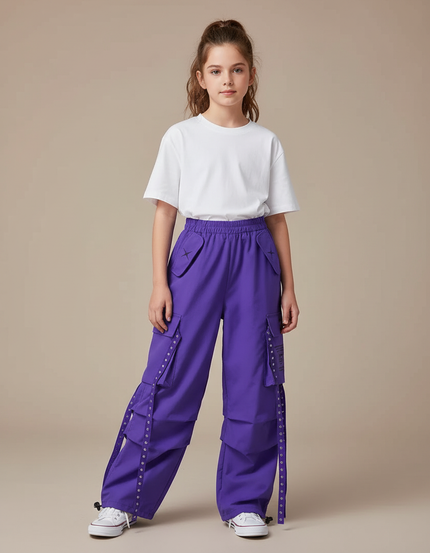 Pantalon Cargo Violet Ample Fille Ceintures - Polyester