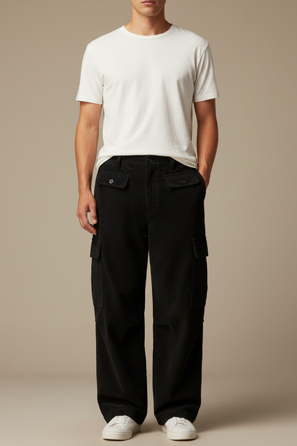 Pantalon Cargo Noir Velours Côtelé Ample Homme - Cordé