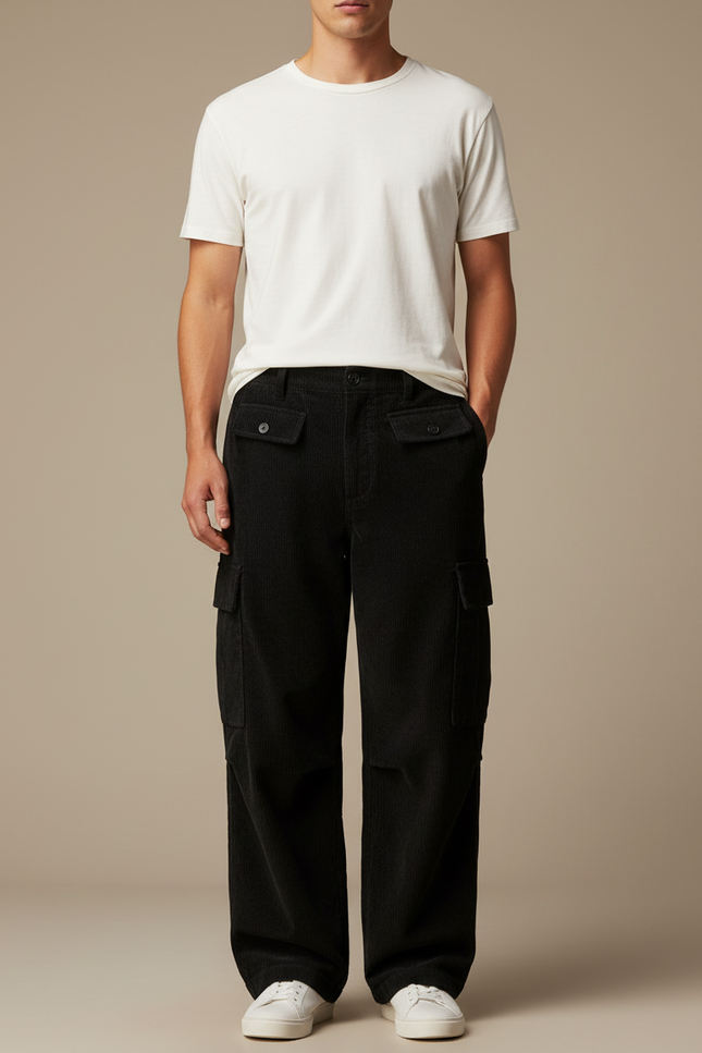 Pantalon Cargo Noir Velours Côtelé Ample Homme - Cordé