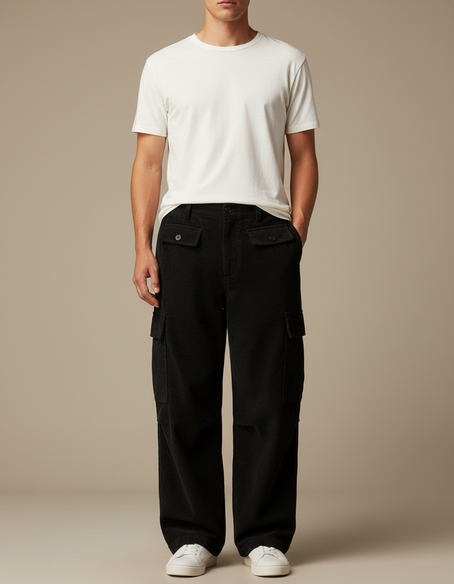 Pantalon Cargo Noir Velours Côtelé Ample Homme - Cordé