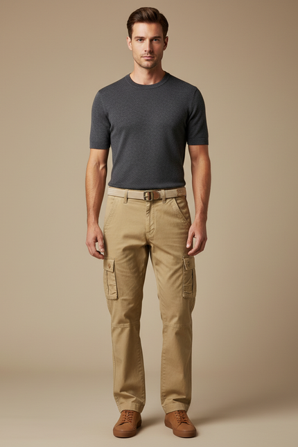 Pantalon Cargo Beige Décontracté Multipoches Coton Homme
