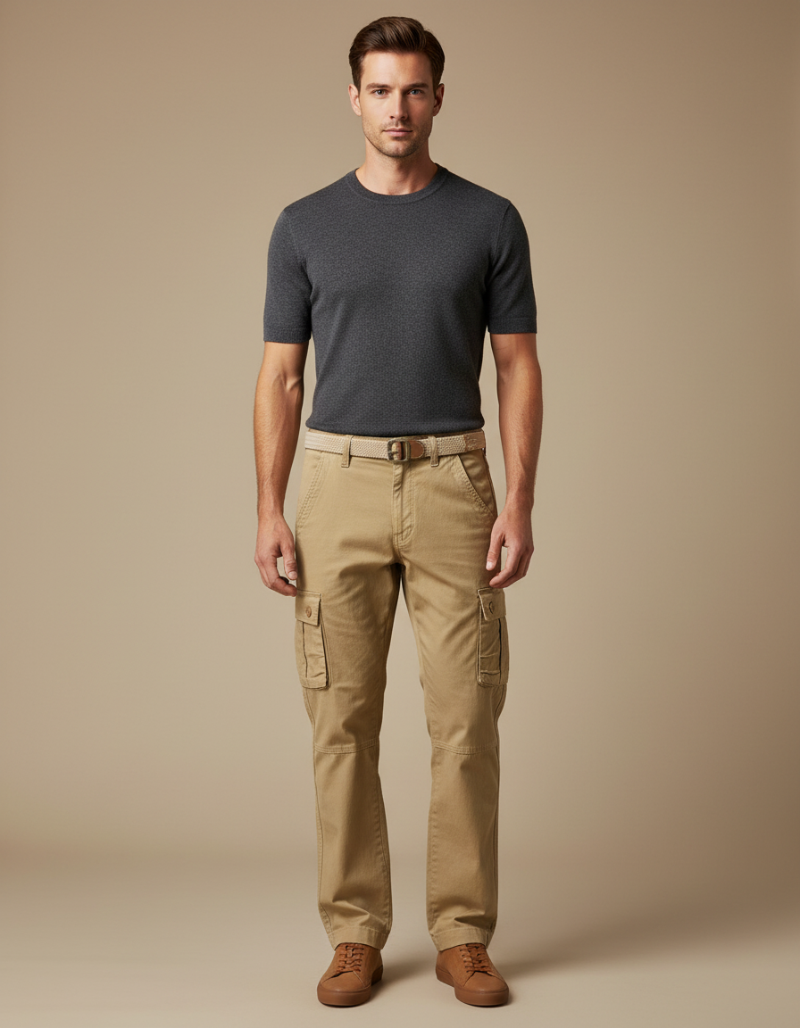 Pantalon Cargo Beige Décontracté Multipoches Coton Homme