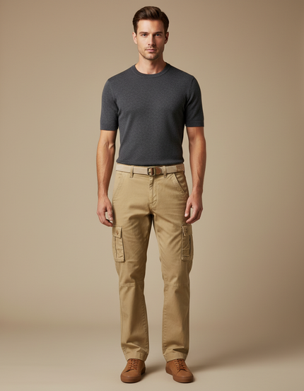 Pantalon Cargo Beige Décontracté Multipoches Coton Homme