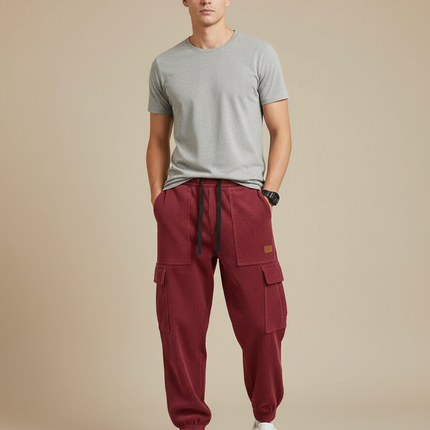 Pantalon Cargo Rouge Côtelé Ample Décontracté Homme - Bordeaux Cordé