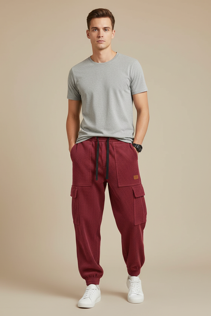 Pantalon Cargo Rouge Côtelé Ample Décontracté Homme - Bordeaux Cordé