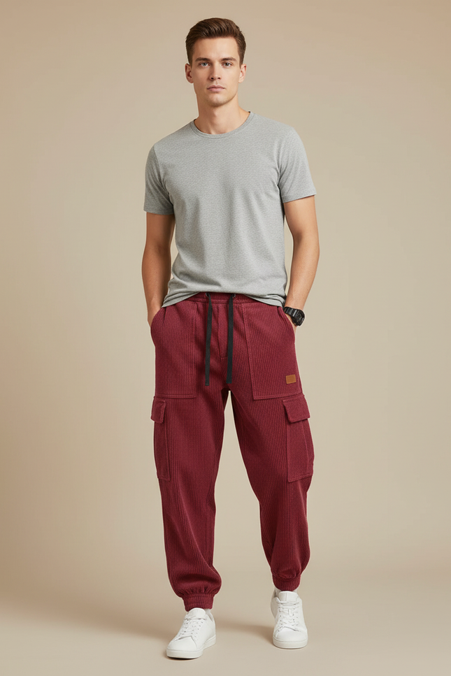 Pantalon Cargo Rouge Côtelé Ample Décontracté Homme - Bordeaux Cordé