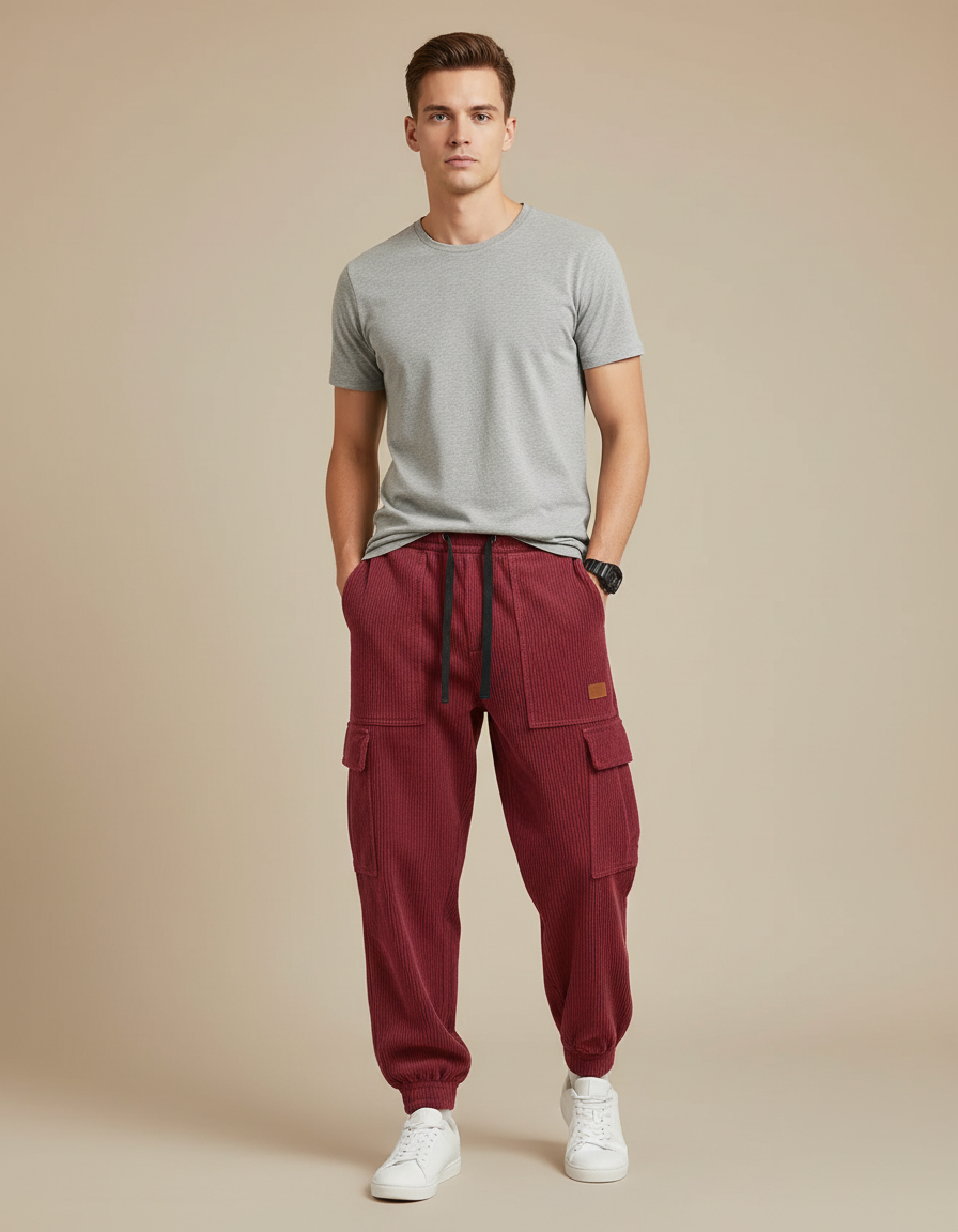 Pantalon Cargo Rouge Côtelé Ample Décontracté Homme - Bordeaux Cordé