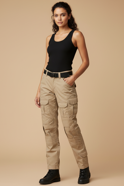 Pantalon Cargo Beige Multipoches Tactique Coton Femme - Toile