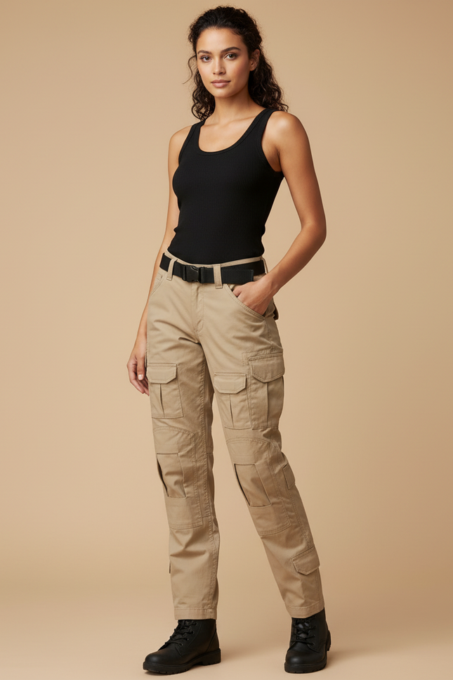Pantalon Cargo Beige Multipoches Tactique Coton Femme - Toile