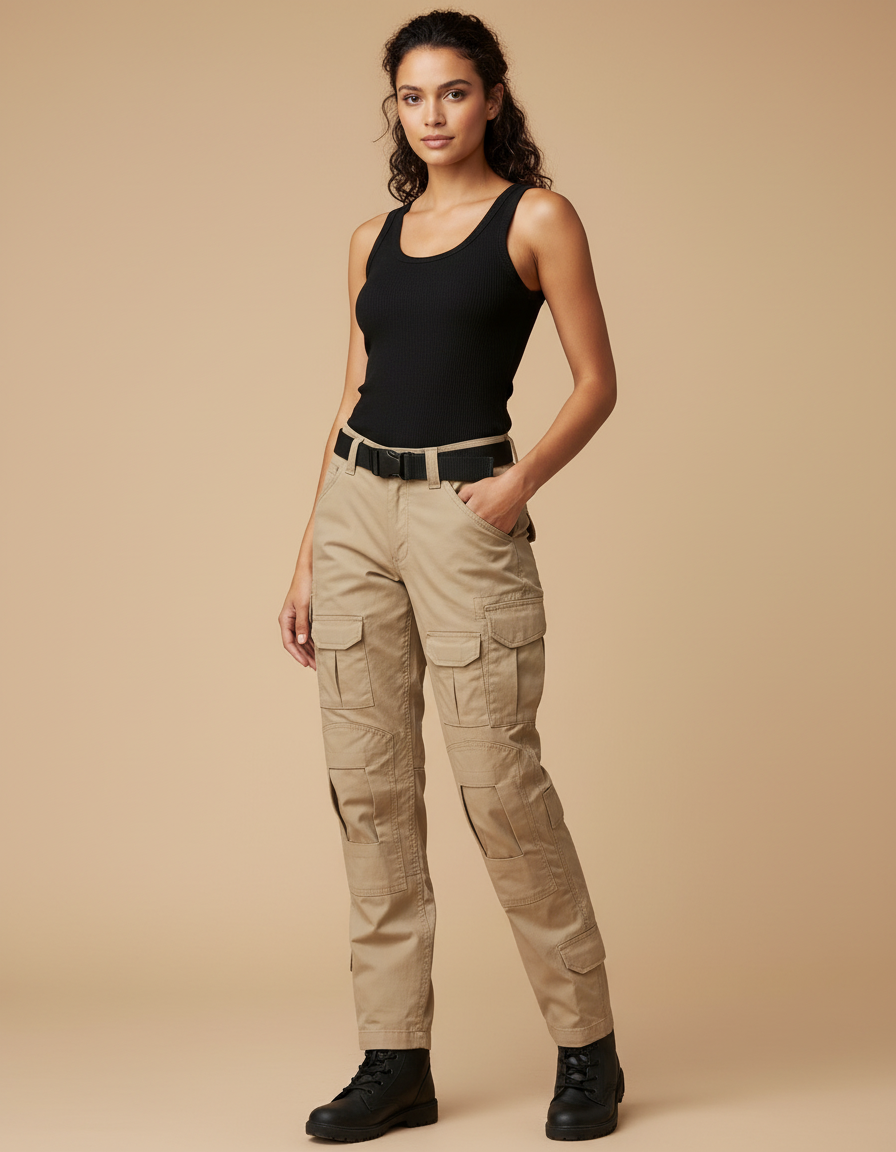 Pantalon Cargo Beige Multipoches Tactique Coton Femme - Toile