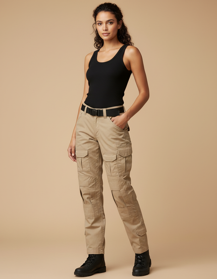 Pantalon Cargo Beige Multipoches Tactique Coton Femme - Toile
