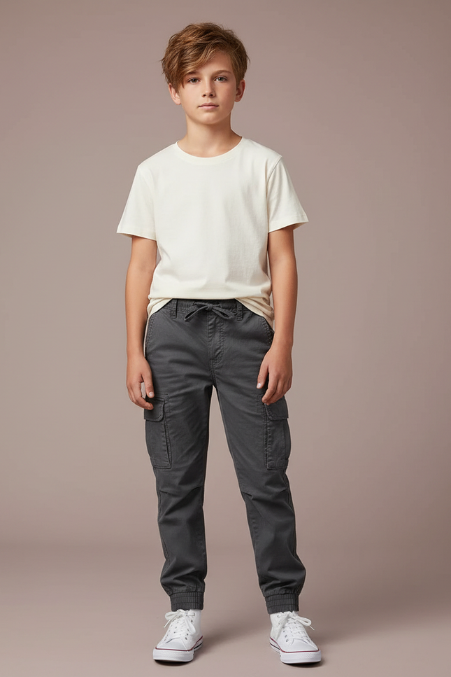 Pantalon Cargo Gris Foncé Décontracté Jogger Coton Garçon