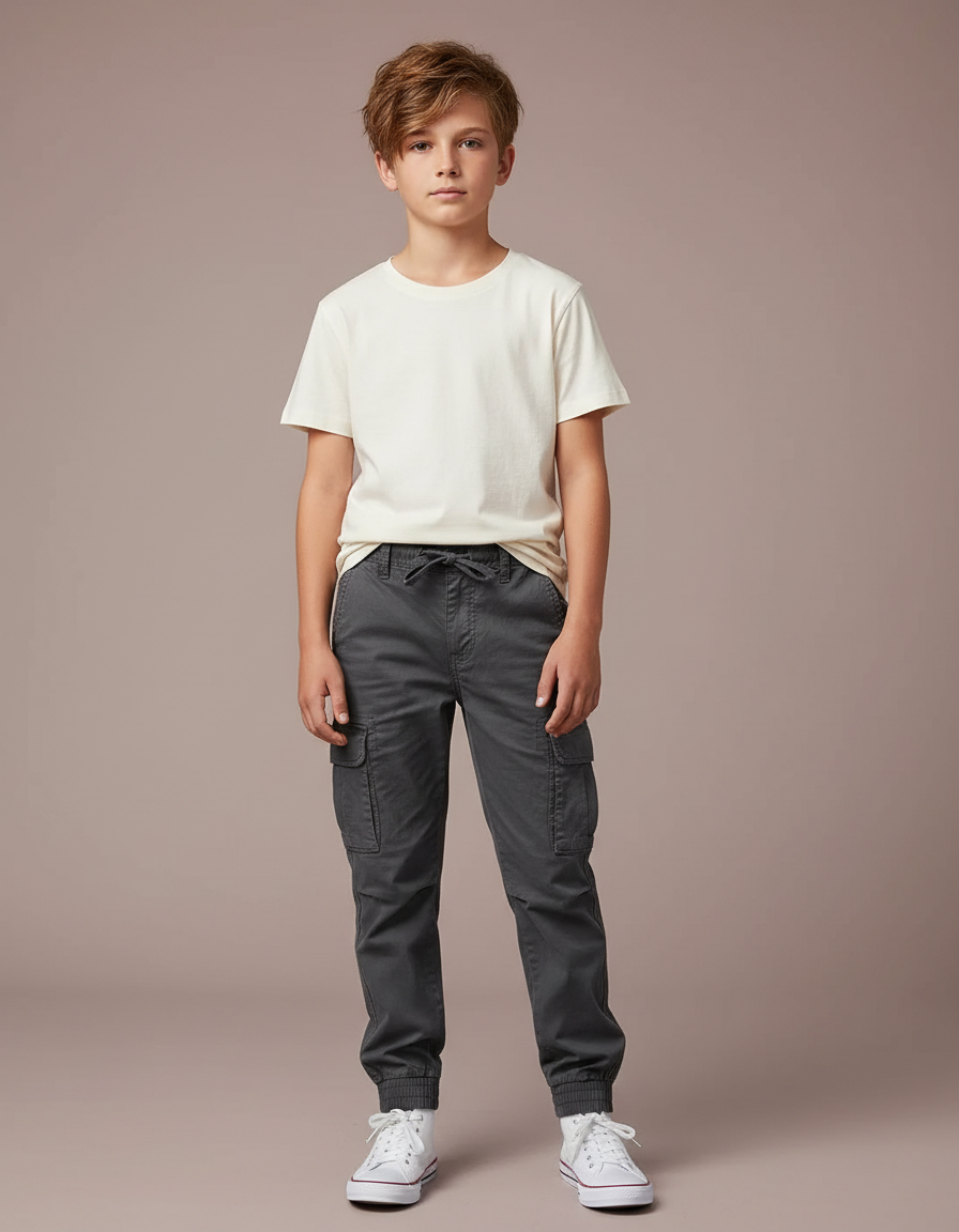 Pantalon Cargo Gris Foncé Décontracté Jogger Coton Garçon