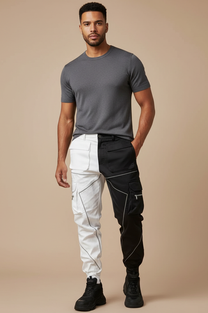 Pantalon Cargo Bicolore Noir Blanc Réfléchissant Jogger - Multicolore Polyester