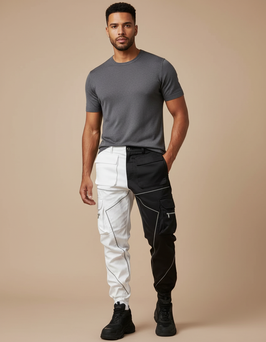 Pantalon Cargo Bicolore Noir Blanc Réfléchissant Jogger - Multicolore Polyester