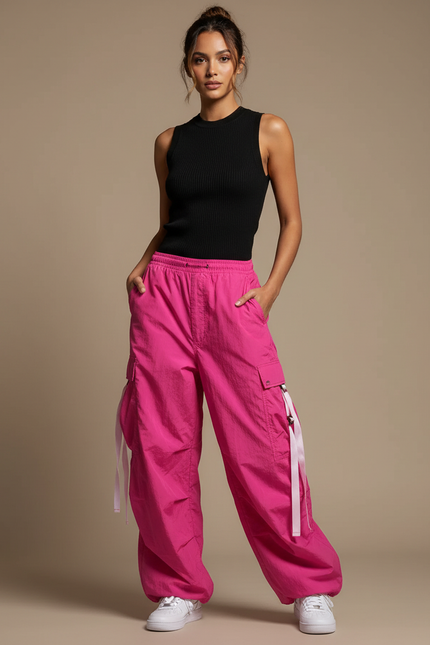 Pantalon Cargo Rose Ample Fluide Femme - Polyester