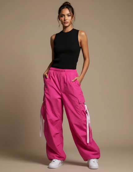 Pantalon Cargo Rose Ample Fluide Femme - Polyester