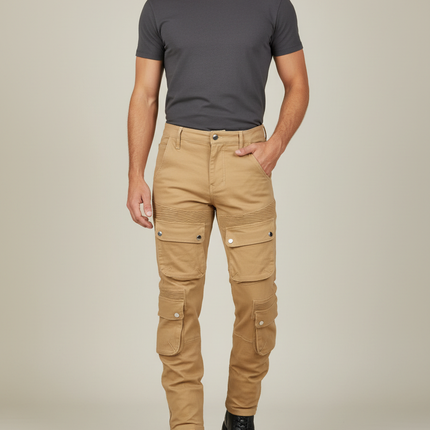 Pantalon Cargo Beige Slim Motard Multipoches Plissé Homme - Toile