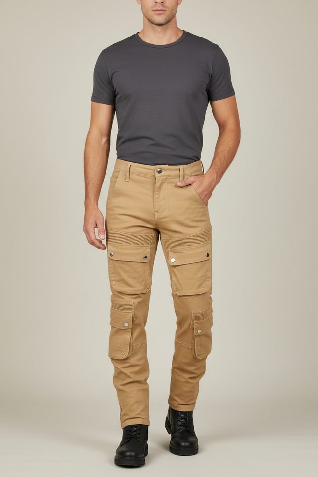 Pantalon Cargo Beige Slim Motard Multipoches Plissé Homme - Toile