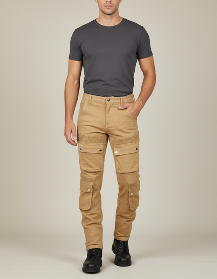 Pantalon Cargo Beige Slim Motard Multipoches Plissé Homme - Toile