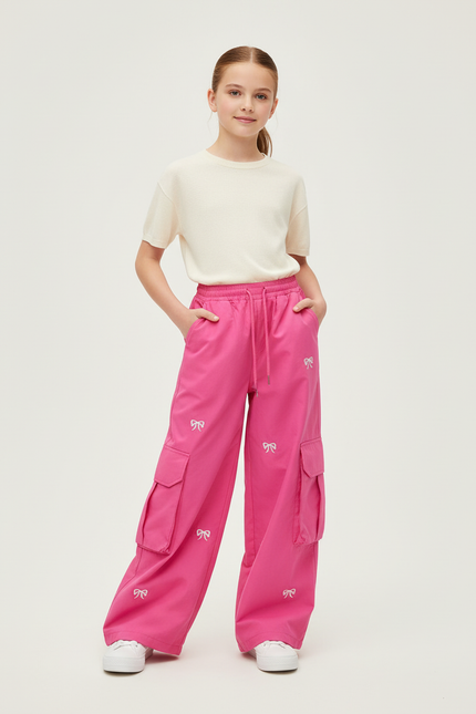 Pantalon Cargo Rose Ample Broderie Nœuds Poches Fille - Toile