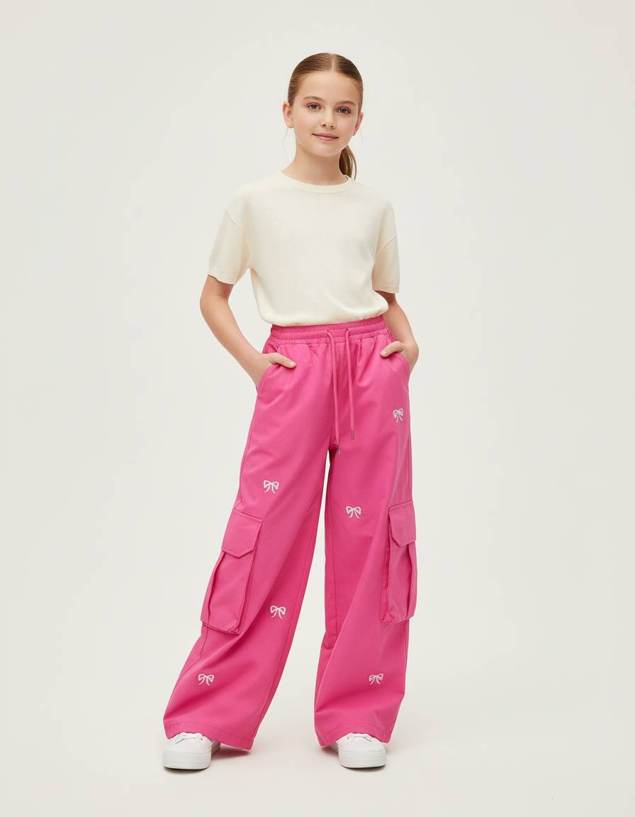 Pantalon Cargo Rose Ample Broderie Nœuds Poches Fille - Toile