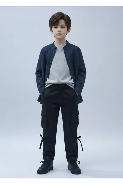 Pantalon Cargo Noir Coton Multipoches Garçon Laçage - Toile