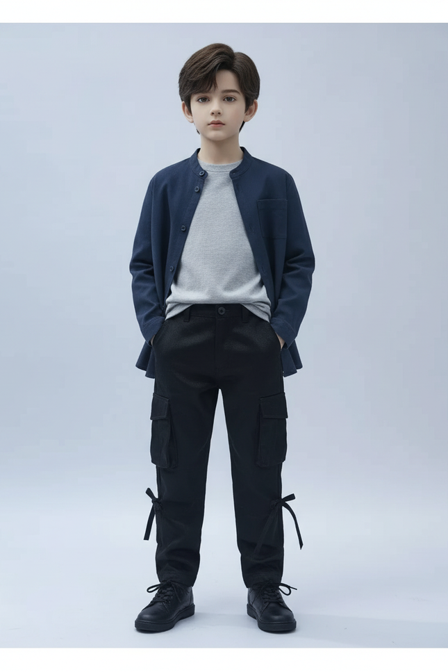 Pantalon Cargo Noir Coton Multipoches Garçon Laçage - Toile