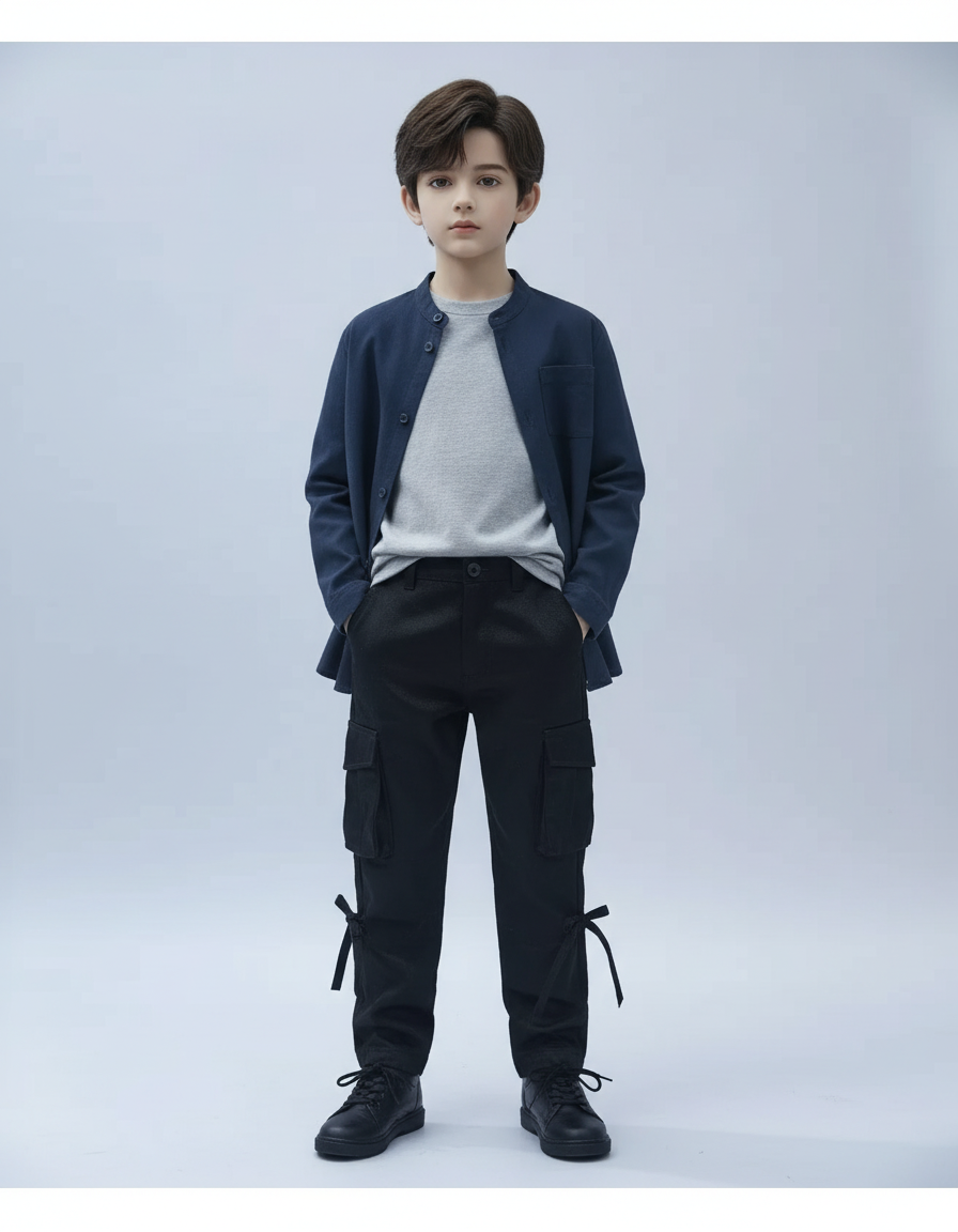 Pantalon Cargo Noir Coton Multipoches Garçon Laçage - Toile