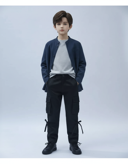 Pantalon Cargo Noir Coton Multipoches Garçon Laçage - Toile