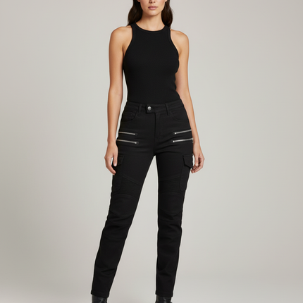 Pantalon Cargo Noir Zippé Plissé Femme - Toile