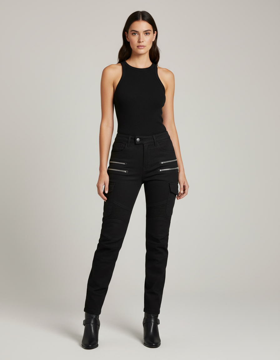Pantalon Cargo Noir Zippé Plissé Femme - Toile