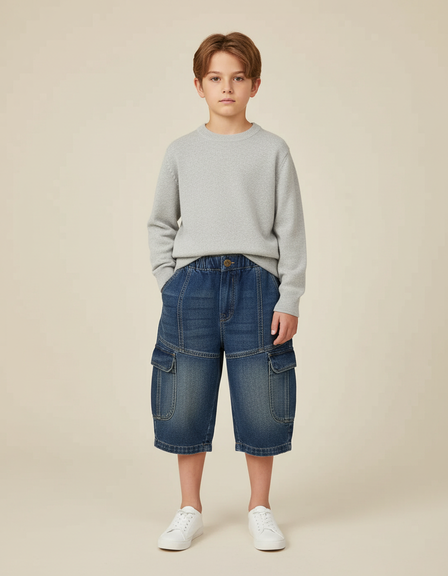 Pantalon Cargo Denim Ample Bleu Délavé Enfant - Jean