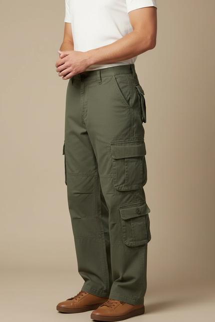 Pantalon Cargo Vert Militaire Ample Coton Multipoches Homme - Kaki Toile