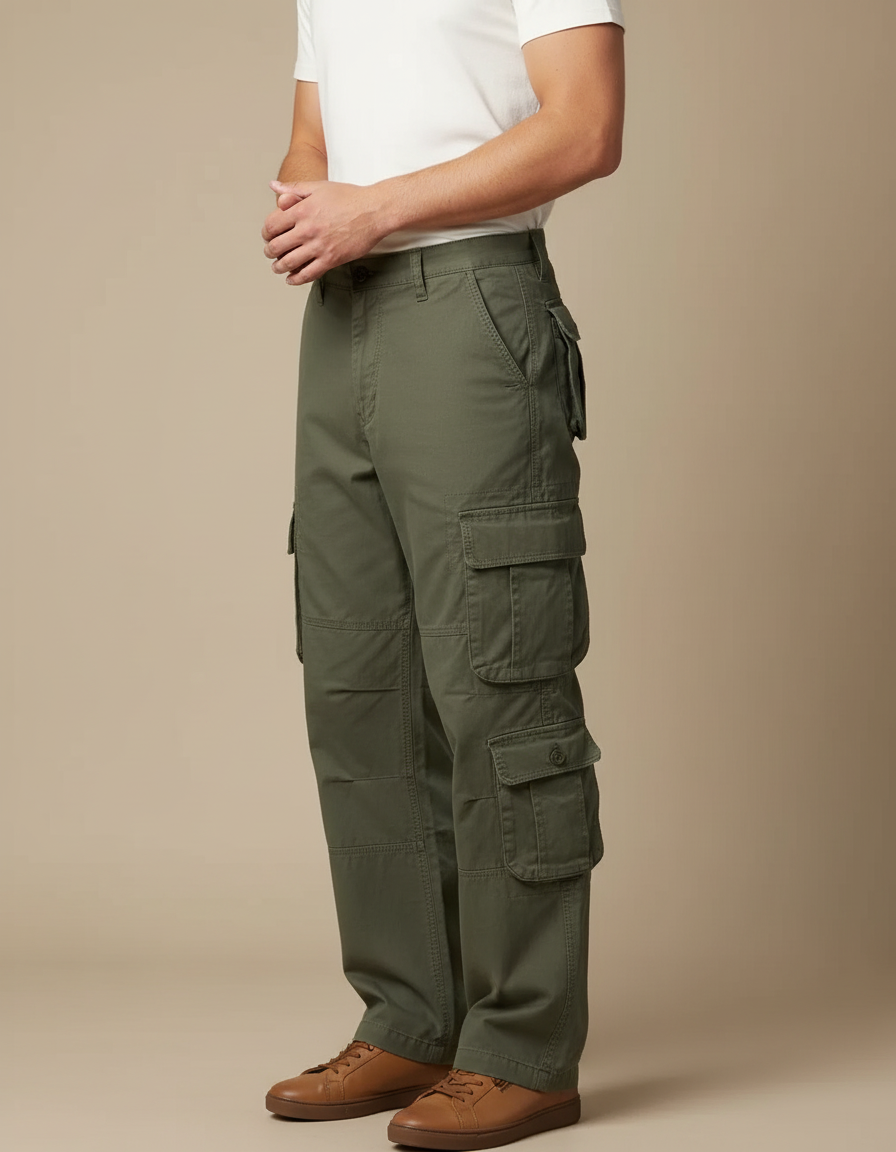 Pantalon Cargo Vert Militaire Ample Coton Multipoches Homme - Kaki Toile