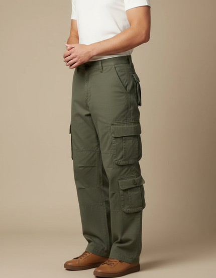 Pantalon Cargo Vert Militaire Ample Coton Multipoches Homme - Kaki Toile