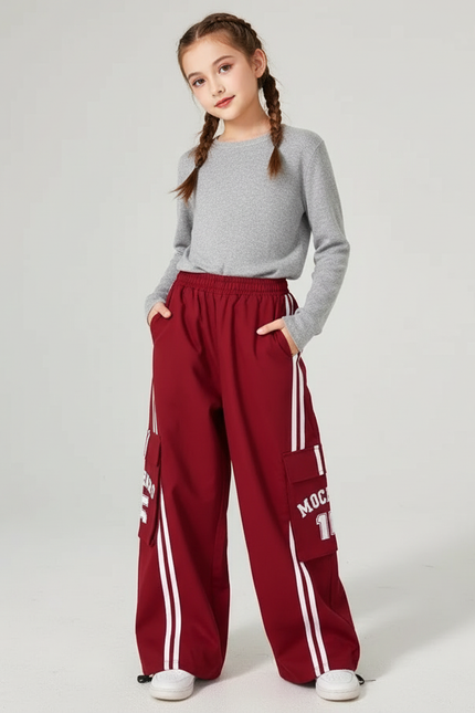 Pantalon Cargo Rouge Rayures Blanches Ample Fille - Bordeaux Polyester