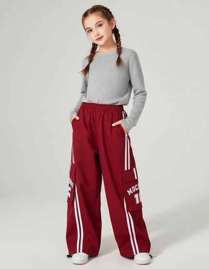 Pantalon Cargo Rouge Rayures Blanches Ample Fille - Bordeaux Polyester