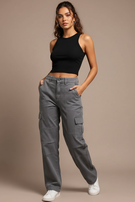 Pantalon Cargo Gris Ample Multipoches Coton